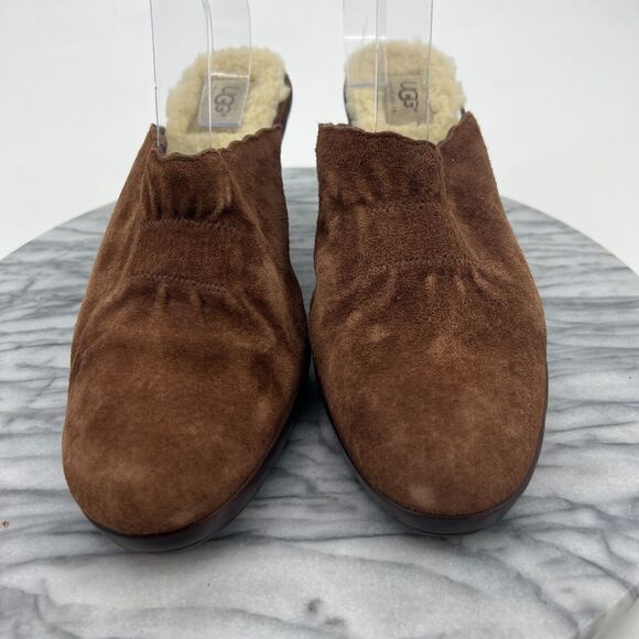 UGG Stacked Block Heeled Mules Womens 9.5 Brown Suede Shearling Lining Slip On - Picture 5 of 11